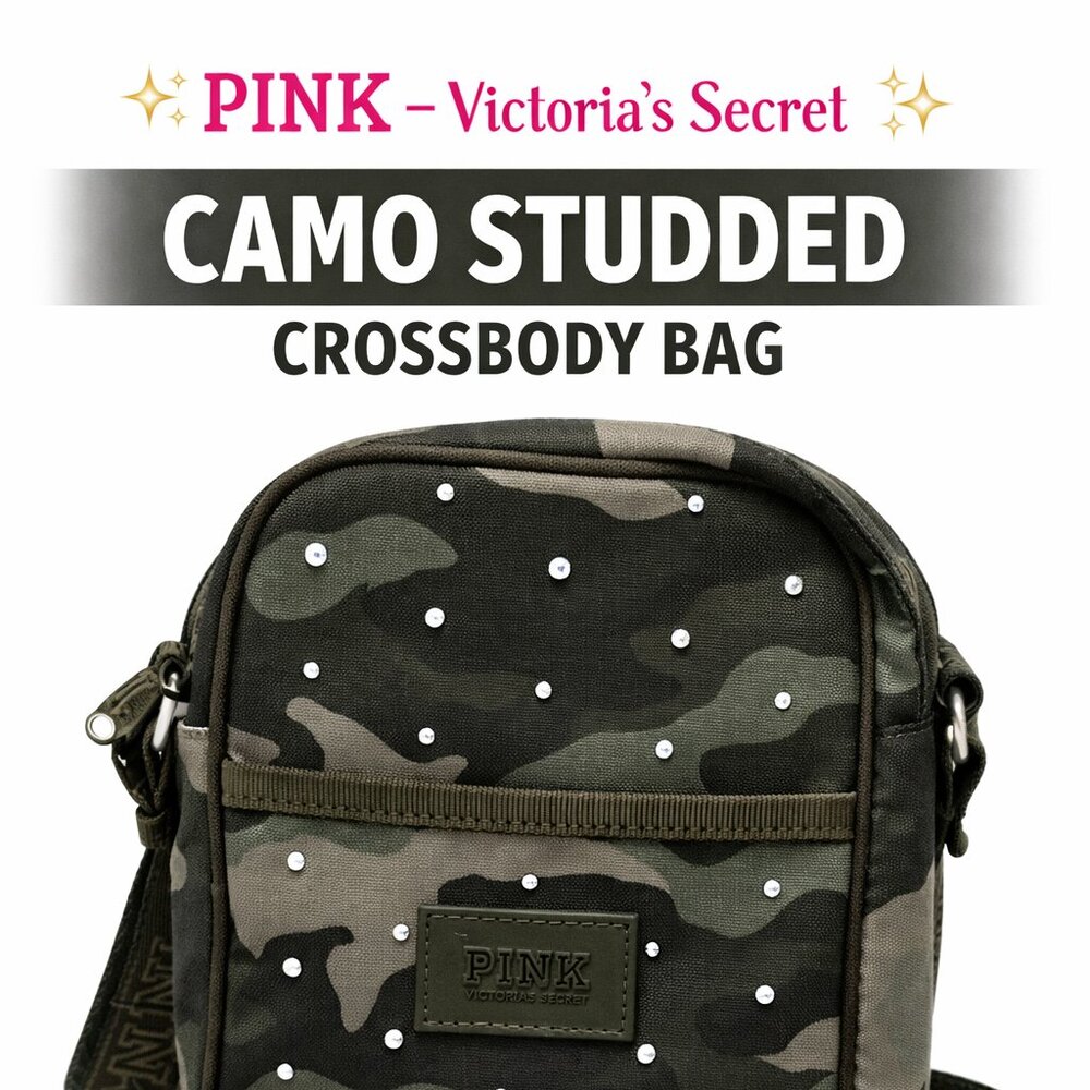 PINK Victoria’s Secret Camo Rhinestone Crossbody Bag Green Studded Mini Purse - Picture 2 of 10